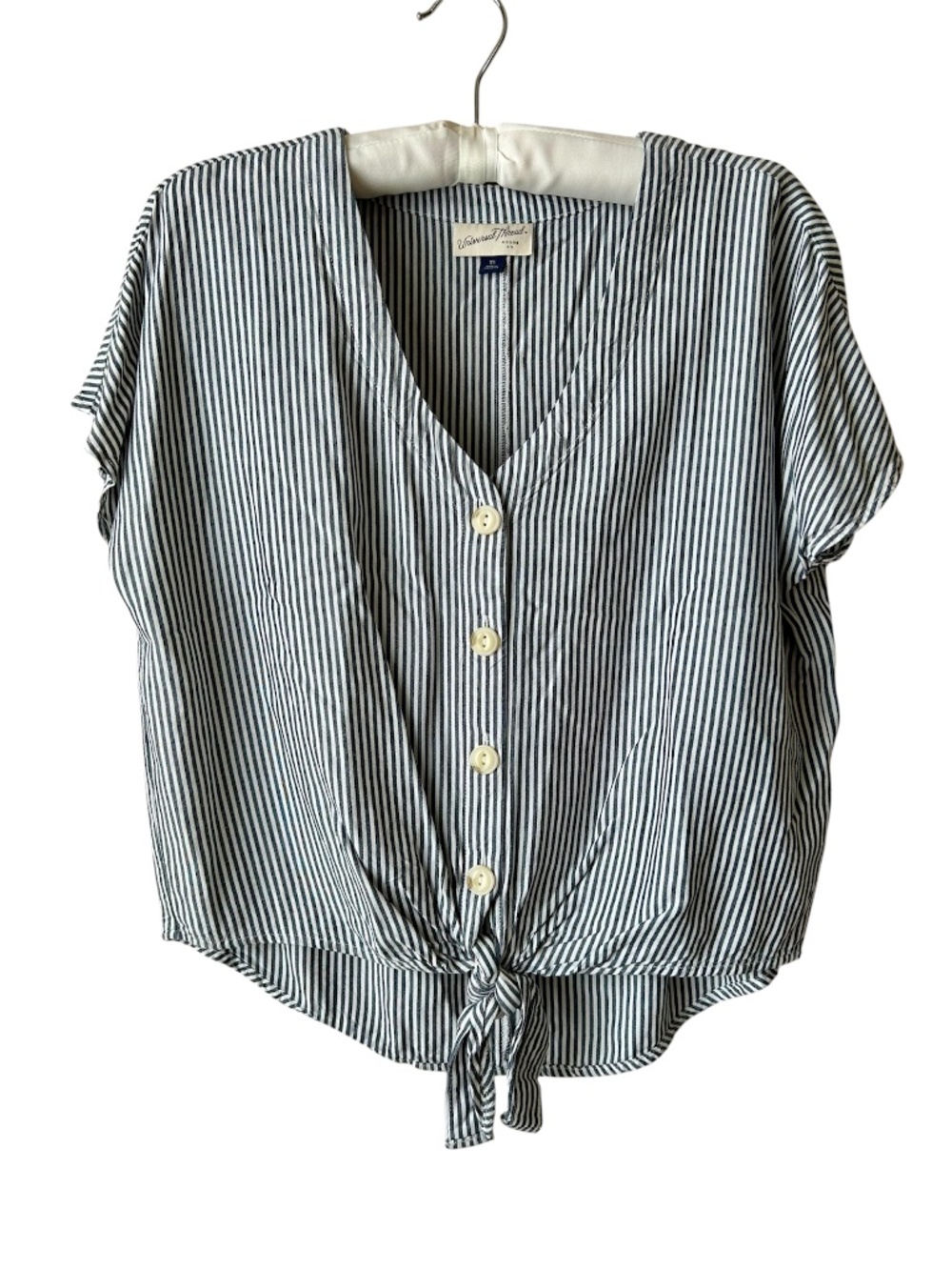 Short Sleeve Blouse Blue White Stripe Button Front Vneck Tie at Waist XSmall